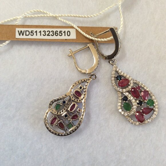 NWT 14k WHITE GOLD Ruby Emerald Sapphire Earrings MSRP $450 - Picture 5 of 5